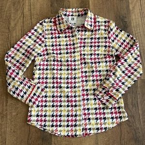 Vicky and Lukas Houndstooth Button Down Top Medium Red/yellow/blue/black/white
